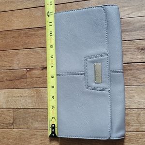 BCBG gray / beige faux leather clutch